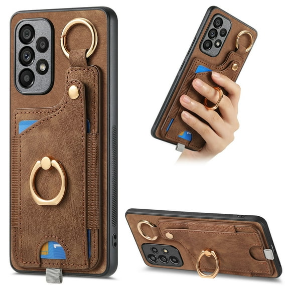 Allytech Wallet Case for Samsung Galaxy A23 4G, Support Car Mount, Luxury PU Leather Shockproof Anti-Fall 360° Finger Ring Stand Rotatable Kickstand Case with Magnetic Snap & Card Slots - Brown