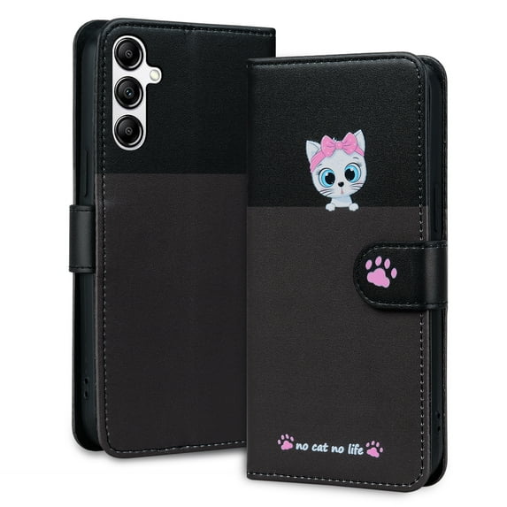Allytech Wallet Case for Samsung Galaxy A25 5G with Cute Cartoon Pattern, 3 Card Slots + 1 Cash Slot + Wrist Strap, Premium PU Leather Stand Magnetic Clasp Shockproof Protective Case, Darkgray