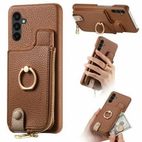 Allytech Wallet Case for Samsung Galaxy A25 5G, [Support Car Mount], Business PU Leather Ring Kickstand Cover with Card Slots & Zipper Pocket, RFID Blocking Shockproof Protective Case, Brown