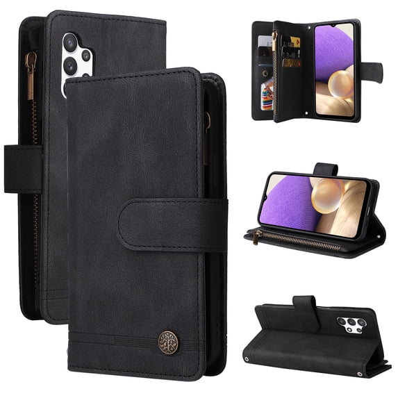 Allytech Wallet Case for Samsung Galaxy A32 5G 6.5-inch Phone (Not fit A32 4G) - Folio Flip Cover Kickstand Multiple Cards Holders Cash Pocket Zipper Wallet Case with Hand Wrist Shoulder Strap - Black