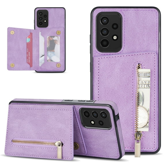 Allytech Wallet Case for Samsung Galaxy A53 5G, Premium PU Leather Zipper Cash Pocket Cards Holder Kickstand Feature Scratch Resistant Drop Protection Wallet Cover for Samsung Galaxy A53 5G - Purple