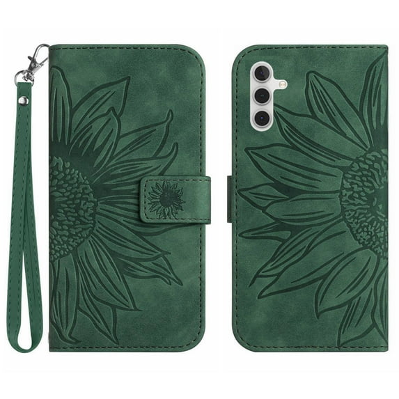 Allytech Wallet Case for Samsung Galaxy A54 5G 6.4" - Premium PU Leather Sunflower Embossed Cards Slots Holder Wallet Kickstand Hand Wrist Cover Case for Samsung Galaxy A54 5G - Green