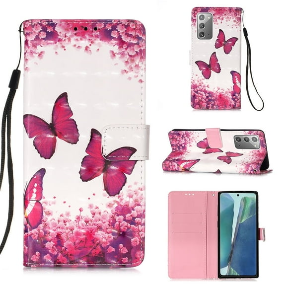 Allytech Wallet Case for Samsung Galaxy Note 20, 3D Pattern Design PU Leather Folding Stand Protection Cards Holder Anti-scratch TPU Bumper Flip Cover for Galaxy Note 20, Pink Butterfly