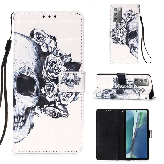 Allytech Wallet Case for Samsung Galaxy Note 20, 3D Pattern Design PU Leather Folding Stand Protection Cards Holder Anti-scratch TPU Bumper Flip Cover for Galaxy Note 20, Skull Rose