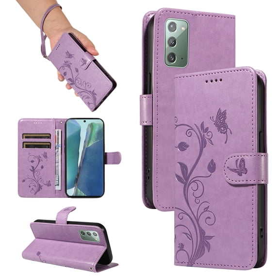 Allytech Wallet Case for Samsung Galaxy Note 20, PU Leather Butterfly Embossed Slim Flip Cover for Girls Women Shockproof Cards Holder Hand Wrist Phone Case for Galaxy Note 20 - Purple