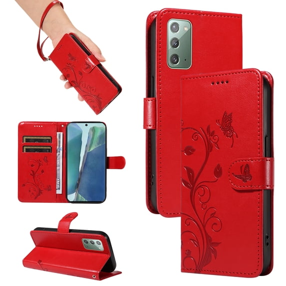 Allytech Wallet Case for Samsung Galaxy Note 20, PU Leather Butterfly Embossed Slim Flip Cover for Girls Women Shockproof Cards Holder Hand Wrist Phone Case for Galaxy Note 20 - Red