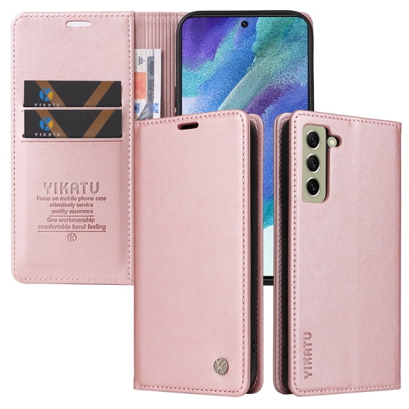 Allytech Wallet Case for Samsung Galaxy S21 FE,Premium PU Leather Hidden Magnetic Closure Folio Flip Card Slots Cash Pocket Kickstand Wallet Shockproof Phone Case,Rosegold
