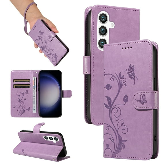 Allytech Wallet Case for Samsung Galaxy S21, PU Leather Butterfly Embossed Slim Flip Cover for Girls Women Shockproof Cards Holder Hand Wrist Phone Case for Galaxy S21 - Purple