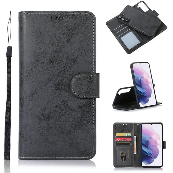 Allytech Wallet Case for Samsung Galaxy S22 5G (6.1 inch) 2022 Model, Detachable Bumper PU Leather Shockproof Slim Stand Card Slots Case with Hand Strap for Samsung S22, Black