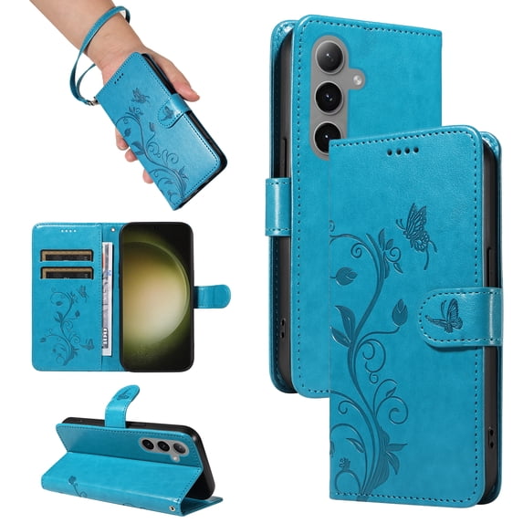 Allytech Wallet Case for Samsung Galaxy S22 Plus, PU Leather Butterfly Embossed Slim Flip Cover for Girls Women Shockproof Cards Holder Hand Wrist Phone Case for Galaxy S22 Plus - Blue