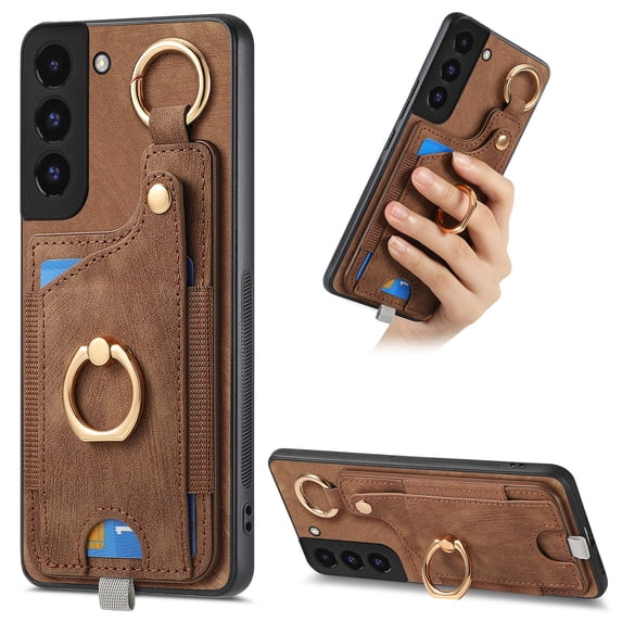 Allytech Wallet Case for Samsung Galaxy S22, Support Car Mount, Luxury PU Leather Shockproof Anti-Fall 360° Finger Ring Stand Rotatable Kickstand Case with Magnetic Snap & Card Slots - Brown