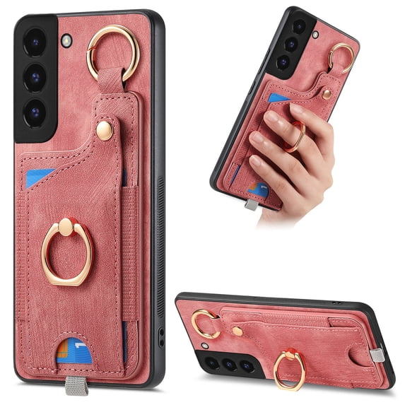 Allytech Wallet Case for Samsung Galaxy S22, Support Car Mount, Luxury PU Leather Shockproof Anti-Fall 360° Finger Ring Stand Rotatable Kickstand Case with Magnetic Snap & Card Slots - Pink