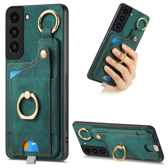 Allytech Wallet Case for Samsung Galaxy S22, Support Car Mount, Luxury PU Leather Shockproof Anti-Fall 360° Finger Ring Stand Rotatable Kickstand Case with Magnetic Snap & Card Slots - Green