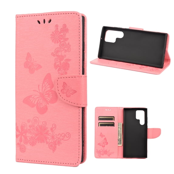 Allytech Wallet Case for Samsung Galaxy S22 Ultra 5G, Big Butterfly Embossed PU Leather Kickstand Flip Cover Shockproof Drop Protection Anti-scratch Wallet Cover for Samsung Galaxy S22 Ultra,Pink
