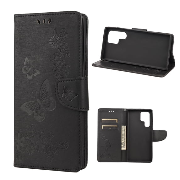 Allytech Wallet Case for Samsung Galaxy S22 Ultra 5G, Big Butterfly Embossed PU Leather Kickstand Flip Cover Shockproof Drop Protection Anti-scratch Wallet Cover for Samsung Galaxy S22 Ultra,Black