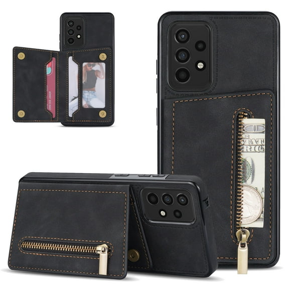 Allytech Wallet Case for Samsung Galaxy S22 Ultra, Premium PU Leather Zipper Cash Pocket Cards Holder Kickstand Feature Scratch Resistant Drop Protection Wallet Cover for Galaxy S22 Ultra, Black