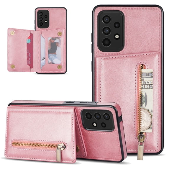 Allytech Wallet Case for Samsung Galaxy S22 Ultra, Premium PU Leather Zipper Cash Pocket Cards Holder Kickstand Feature Scratch Resistant Drop Protection Wallet Cover for Galaxy S22 Ultra, Pink