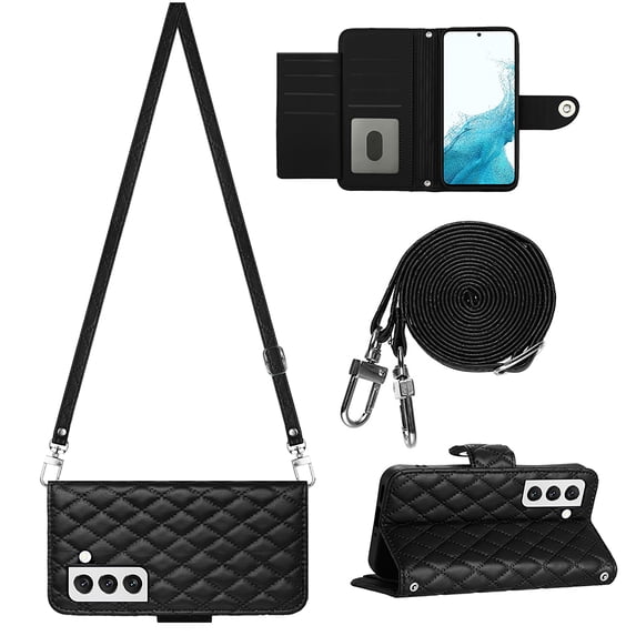 Allytech Wallet Case for Samsung Galaxy S23 with Card Cash Slots, Luxury Premium PU Leather Kickstand Shoulder Strap Lanyard Shockproof Anti-Fall Full Body Protective Flip Shell - Black