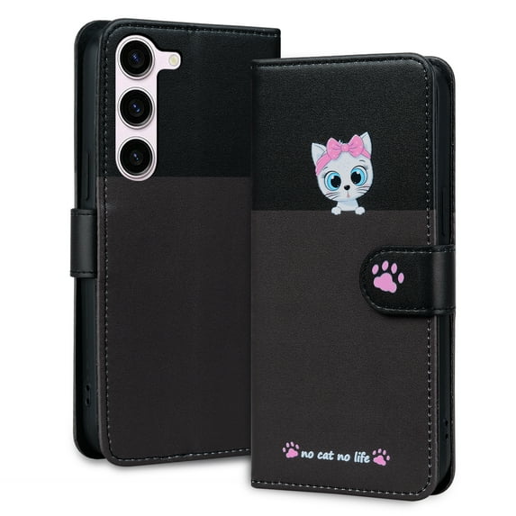 Allytech Wallet Case for Samsung Galaxy S23 with Cute Cartoon Pattern, 3 Card Slots + 1 Cash Slot + Wrist Strap, Premium PU Leather Stand Magnetic Clasp Shockproof Protective Case, Darkgray