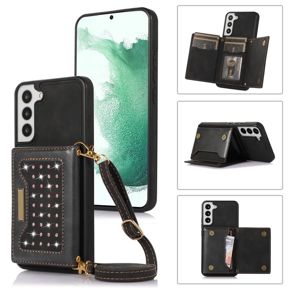 Allytech Wallet Case for Samsung Galaxy S23 FE, Bling PU Leather RFID Blocking Kickstand Case with Shoulder Strap & Card Slots, Anti-Fall Shockproof Full Body Protection Case for Women Girls, Black