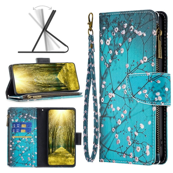 Allytech Wallet Case for Samsung Galaxy S23 FE with Card Slots & Zipper Pocket, PU Leather Kickstand [Magnetic Clasp] Shockproof Protective Case with Wrist Strap, Plum Blossom