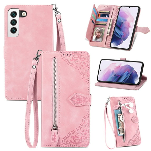 Allytech Wallet Case for Samsung Galaxy S23 FE, Embossed Luxury PU Leather Flip Case with Kickstand & Card Cash Slots, Slim Zipper Pocket Detachable Wrist Strap Magnetic Clasp Anti-Drop Case - Pink