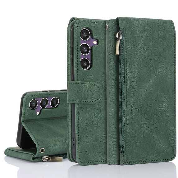 Allytech Wallet Case for Samsung Galaxy S23 FE, Retro PU Leather Cards Slots Zipper Poket Flip Cover Stand Shockproof Hand Wrist Strap Phone Case for Galaxy S23 FE - Darkgreen