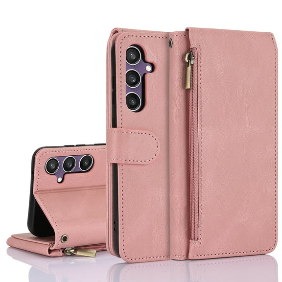 Allytech Wallet Case for Samsung Galaxy S23 FE, Retro PU Leather Cards Slots Zipper Poket Flip Cover Stand Shockproof Hand Wrist Strap Phone Case for Galaxy S23 FE - Rosegold