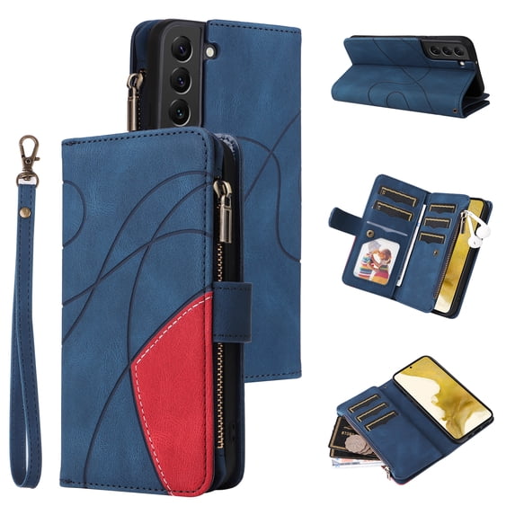 Allytech Wallet Case for Samsung Galaxy S23 FE with Zipper Pocket & 9 Card Slots & Wrist Strap, Fashion PU Leather Kickstand Magnetic Closure Shockproof Non-Slip Case for Women Men - Blue