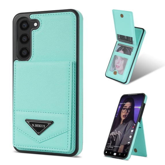 Allytech Wallet Case for Samsung Galaxy S23, Luxury PU Leather Kickstand Card Slots Magnetic Buckle RFID Blocking Shockproof Anti-Scratch Protective Case for Women Men - Mint