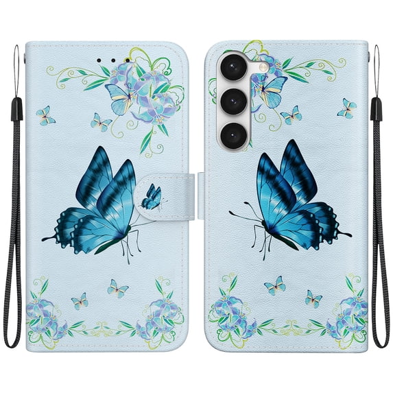 Allytech Wallet Case for Samsung Galaxy S23 Plus, Luxury PU Leather Painted Pattern Cover with Credit Slots & Kickstand & Lanyard, Slim Magnetic Clasp Shockproof Anti-Drop Case, Blue Butterfly