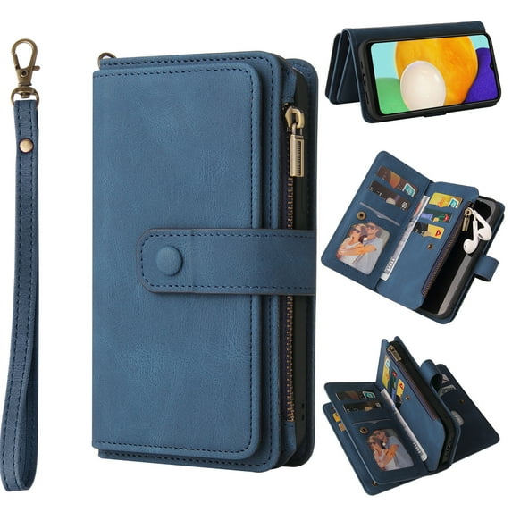 Allytech Wallet Case for Samsung Galaxy S23 Ultra 5G 2023 (6.8 inch), Premium Vintage PU Leather Zipper Folio Kickstand Zipper Pocket Case with Hand Strap for Samsung S23 Ultra 5G, Blue