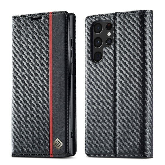 Allytech Wallet Case for Samsung Galaxy S23 Ultra, Carbon Fiber PU Leather + Soft TPU Luxury Cover with Kickstand & Card Slots, Magnetic Closure Shockproof Anti-Fall Protective Case, Black-Vertical