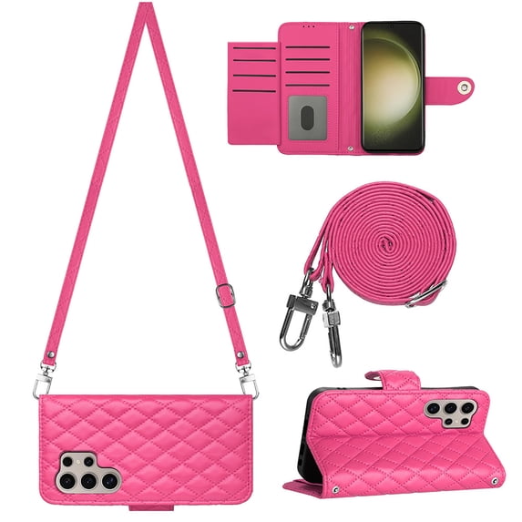Allytech Wallet Case for Samsung Galaxy S23 Ultra with Card Cash Slots, Luxury Premium PU Leather Kickstand Shoulder Strap Lanyard Shockproof Anti-Fall Full Body Protective Flip Shell - Rose