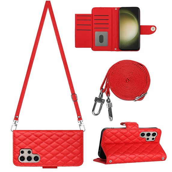 Allytech Wallet Case for Samsung Galaxy S23 Ultra with Card Cash Slots, Luxury Premium PU Leather Kickstand Shoulder Strap Lanyard Shockproof Anti-Fall Full Body Protective Flip Shell - Red