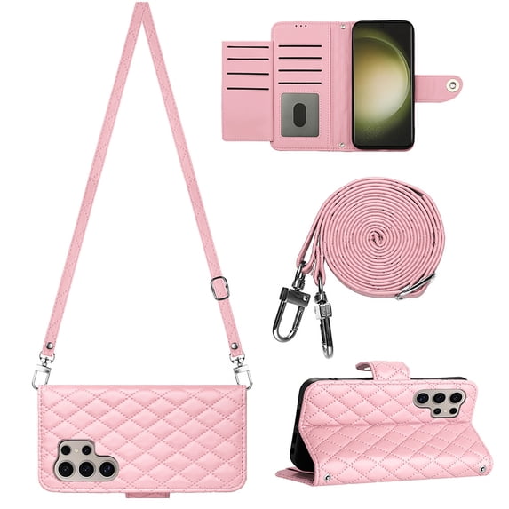 Allytech Wallet Case for Samsung Galaxy S23 Ultra with Card Cash Slots, Luxury Premium PU Leather Kickstand Shoulder Strap Lanyard Shockproof Anti-Fall Full Body Protective Flip Shell - Pink