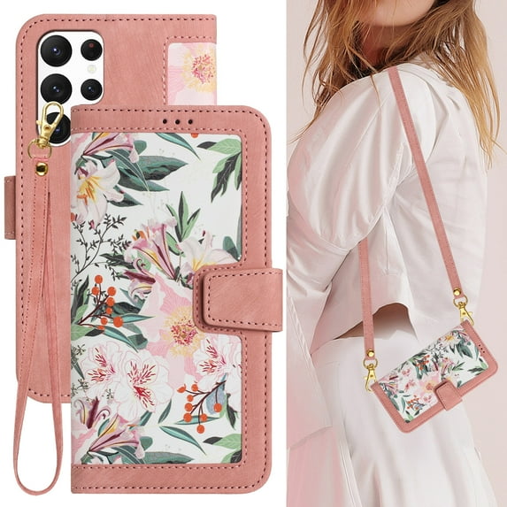 Allytech Wallet Case for Samsung Galaxy S23 Ultra, Card Slots + Wrist Strap + Shoulder Strap, Flower Pattern Premium PU Leather Kickstand Magnetic Clasp Soft TPU Shockproof Anti-Drop Shell - Pink