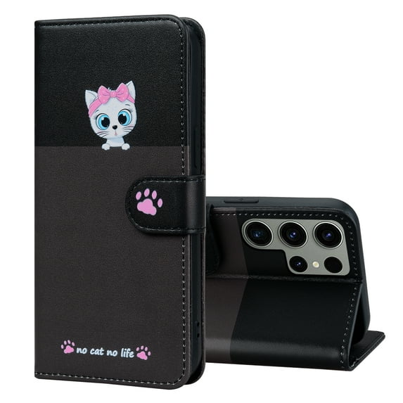 Allytech Wallet Case for Samsung Galaxy S23 Ultra with Cute Cartoon Pattern, 3 Card Slots + 1 Cash Slot + Wrist Strap, Premium PU Leather Stand Magnetic Clasp Shockproof Protective Case, Darkgray