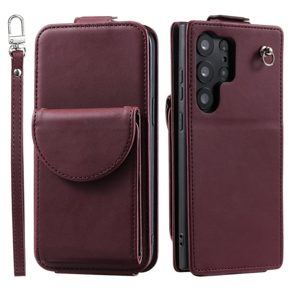 Allytech Wallet Case for Samsung Galaxy S23 Ultra with Hand Strap & Shoulder Strap, Flip Premium PU Leather Case with Credit Card Slots, Kickstand Magnetic Closure Shockproof Protective Case, Winered