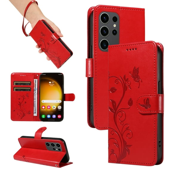 Allytech Wallet Case for Samsung Galaxy S23 Ultra, PU Leather Butterfly Embossed Slim Flip Cover for Girls Women Shockproof Cards Holder Hand Wrist Phone Case for Galaxy S23 Ultra - Red