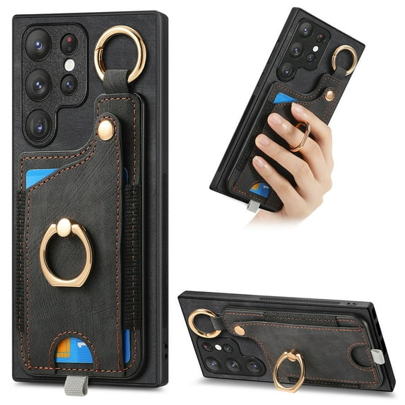 Allytech Wallet Case for Samsung Galaxy S23 Ultra, Support Car Mount, Luxury PU Leather Shockproof Anti-Fall 360° Finger Ring Stand Rotatable Kickstand Case with Magnetic Snap & Card Slots - Black