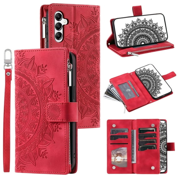 Allytech Wallet Case for Samsung Galaxy S24 with Card Slots, Embossed Pattern PU Leather Zipper Pocket Kickstand Cover, Shockproof Magnetic Clasp Case with Wrist Strap - Red
