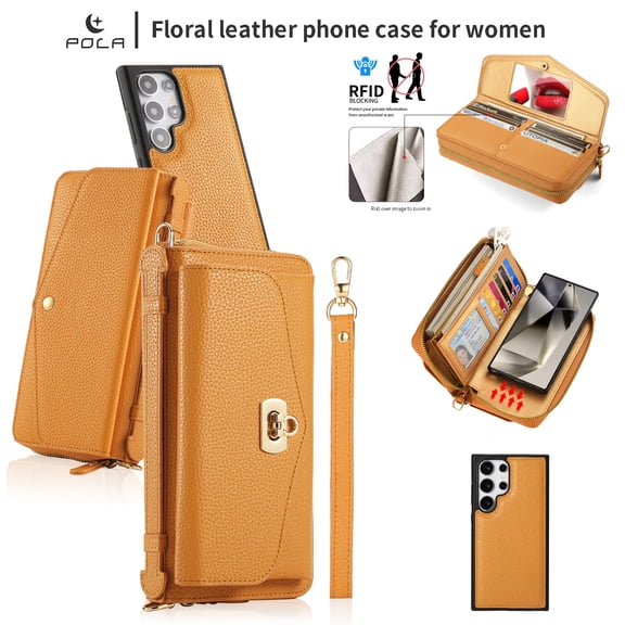 Allytech Wallet Case for Samsung Galaxy S24 with Card Slots & Zipper Pocket, [RFID Blocking] [Makeup Mirror] [Hand Strap & Shoulder Strap] Luxury PU Leather Protective Magnetic Case, Orange