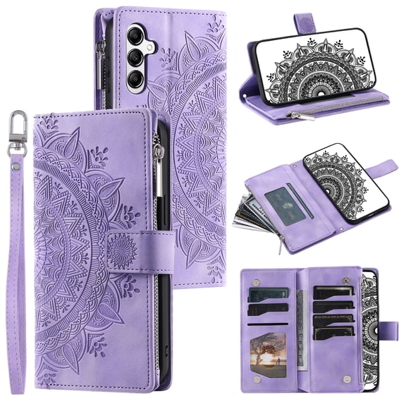 Allytech Wallet Case for Samsung Galaxy S24 FE with Card Slots, Embossed Pattern PU Leather Zipper Pocket Kickstand Cover, Shockproof Magnetic Clasp Case with Wrist Strap - Purple
