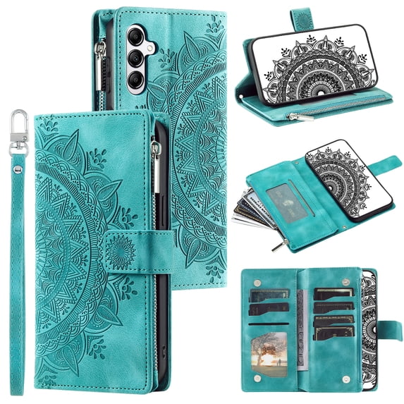 Allytech Wallet Case for Samsung Galaxy S24 FE with Card Slots, Embossed Pattern PU Leather Zipper Pocket Kickstand Cover, Shockproof Magnetic Clasp Case with Wrist Strap - Green