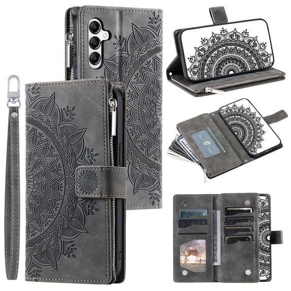 Allytech Wallet Case for Samsung Galaxy S24 FE with Card Slots, Embossed Pattern PU Leather Zipper Pocket Kickstand Cover, Shockproof Magnetic Clasp Case with Wrist Strap - Gray