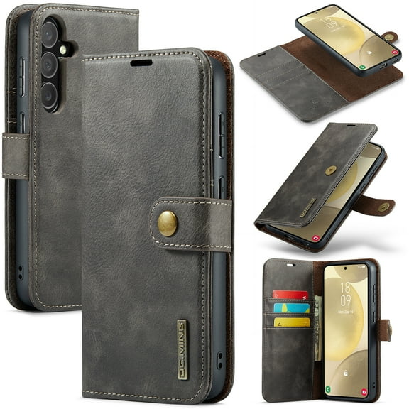 Allytech Wallet Case for Samsung Galaxy S24 Plus with 3 Card Slots & Cash Pocket, 2 in 1 Detachable Strong Magnetic Case, Retro PU Leather Shockproof Magnetic Clasp Slim Protective Shell - Gray
