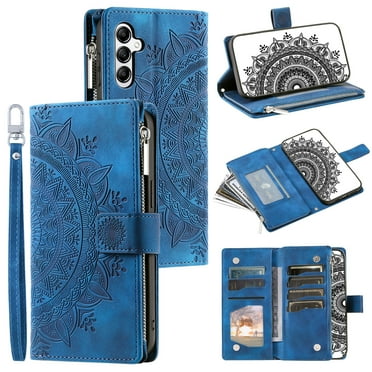 Allytech Wallet Case for Samsung Galaxy S24 with Card Slots, Embossed Pattern PU Leather Zipper Pocket Kickstand Cover, Shockproof Magnetic Clasp Case with Wrist Strap - Blue