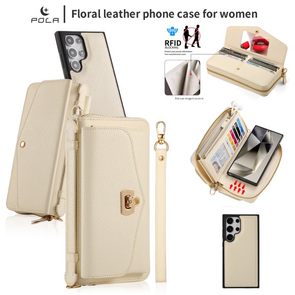 Allytech Wallet Case for Samsung Galaxy S24 Plus with Card Slots & Zipper Pocket, [RFID Blocking] [Makeup Mirror] [Hand Strap & Shoulder Strap] Luxury PU Leather Protective Magnetic Case, Beige