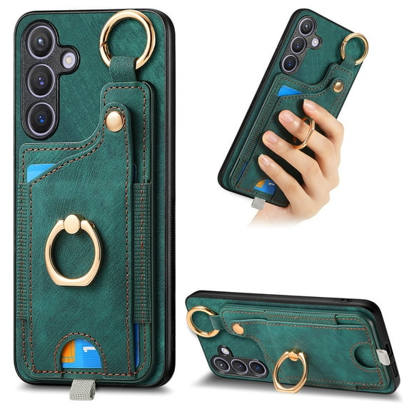 Allytech Wallet Case for Samsung Galaxy S24, Support Car Mount, Luxury PU Leather Shockproof Anti-Fall 360° Finger Ring Stand Rotatable Kickstand Case with Magnetic Snap & Card Slots - Green